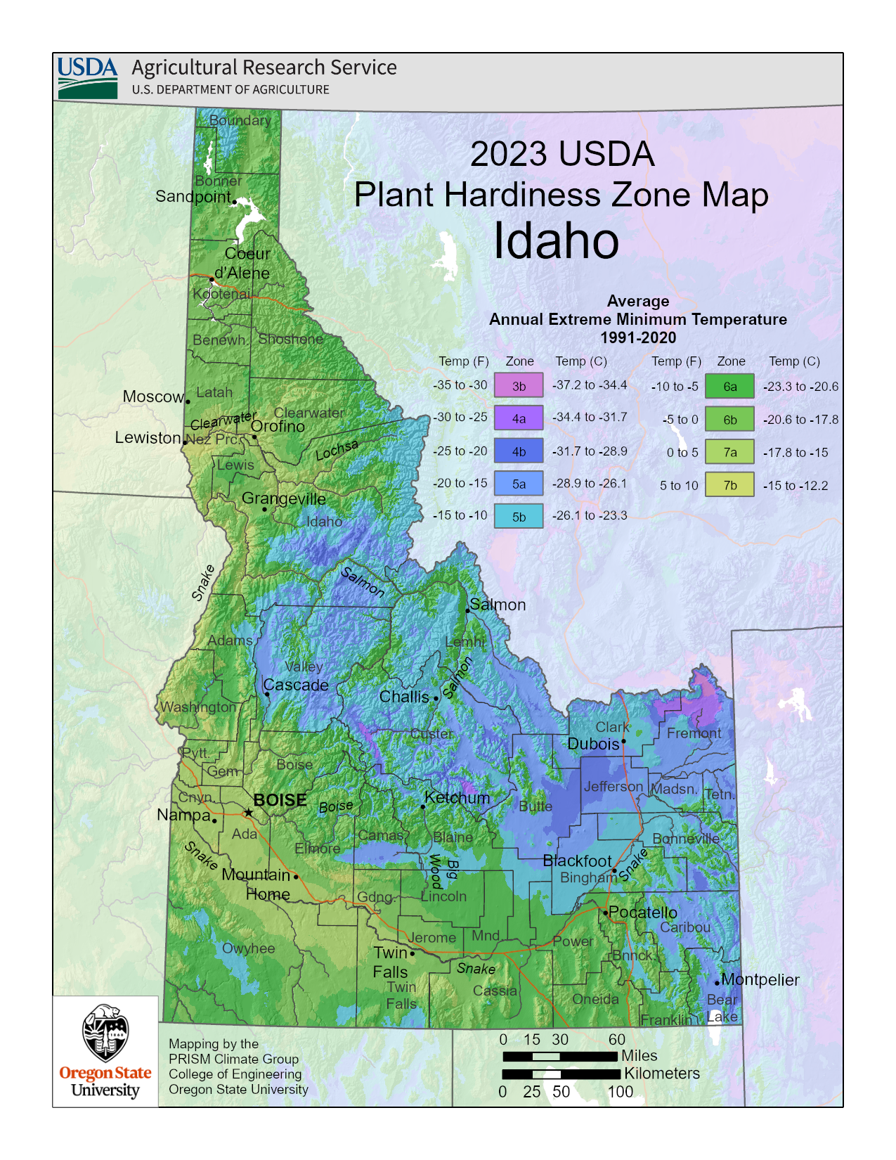 Idaho plant hardiness map