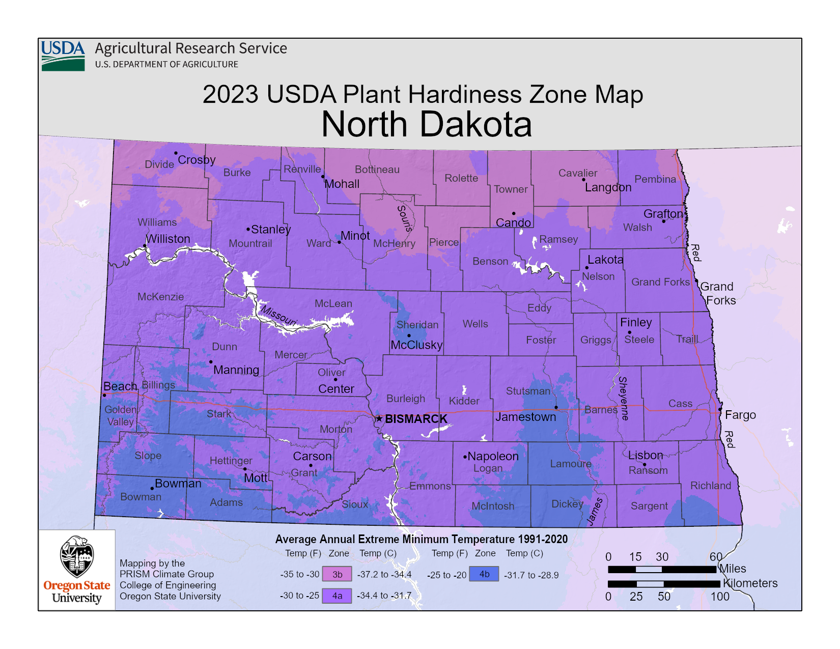 North Dakota plant hardiness map