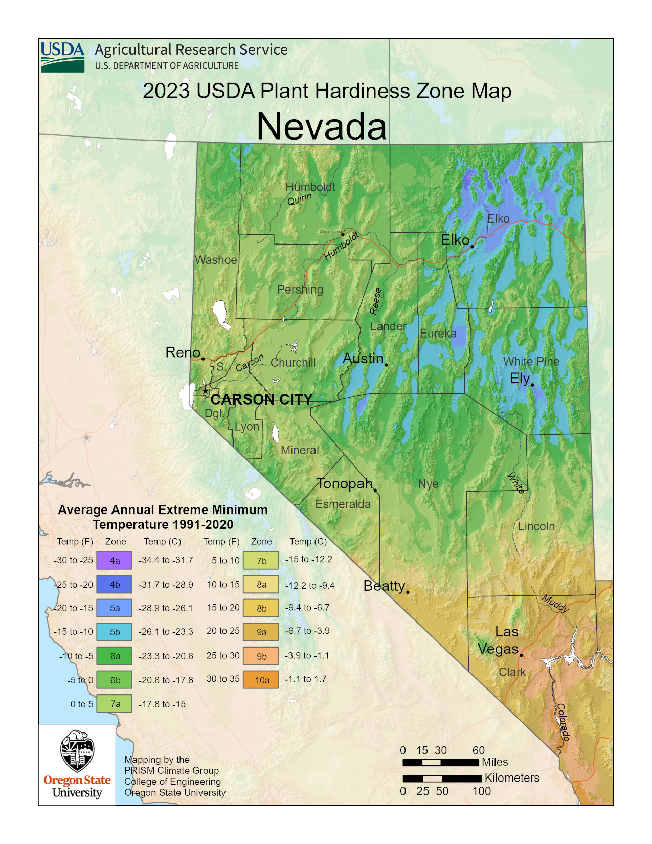 Nevada plant hardiness map