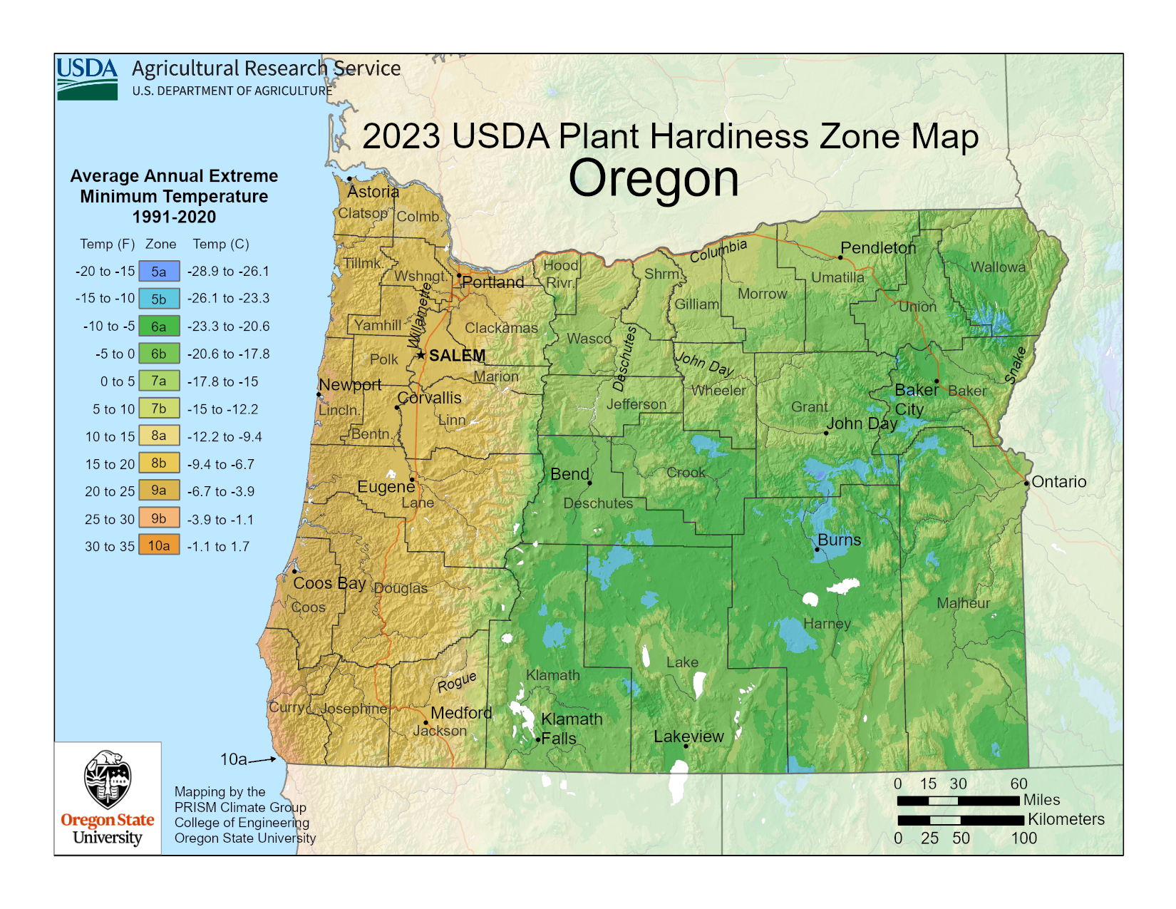 Oregon plant hardiness map