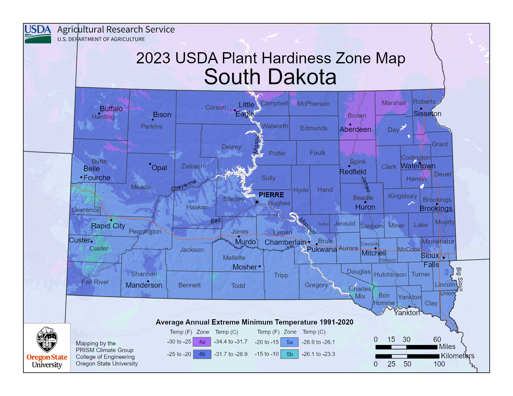 South Dakota plant hardiness map